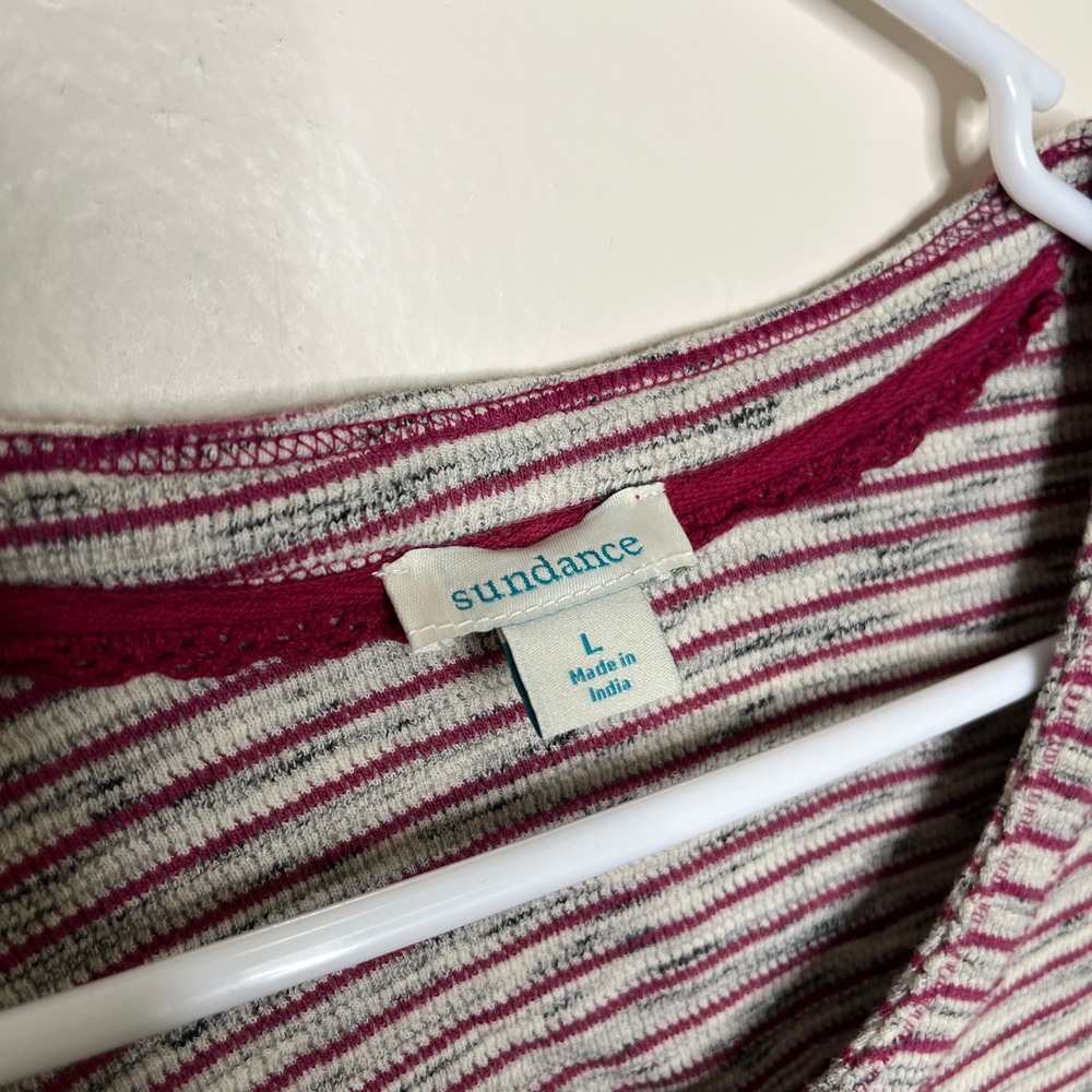Sundance Womens Large‎ Burgundy Striped Embroidered Henley Thermal Knit Top L - Picture 2 of 6